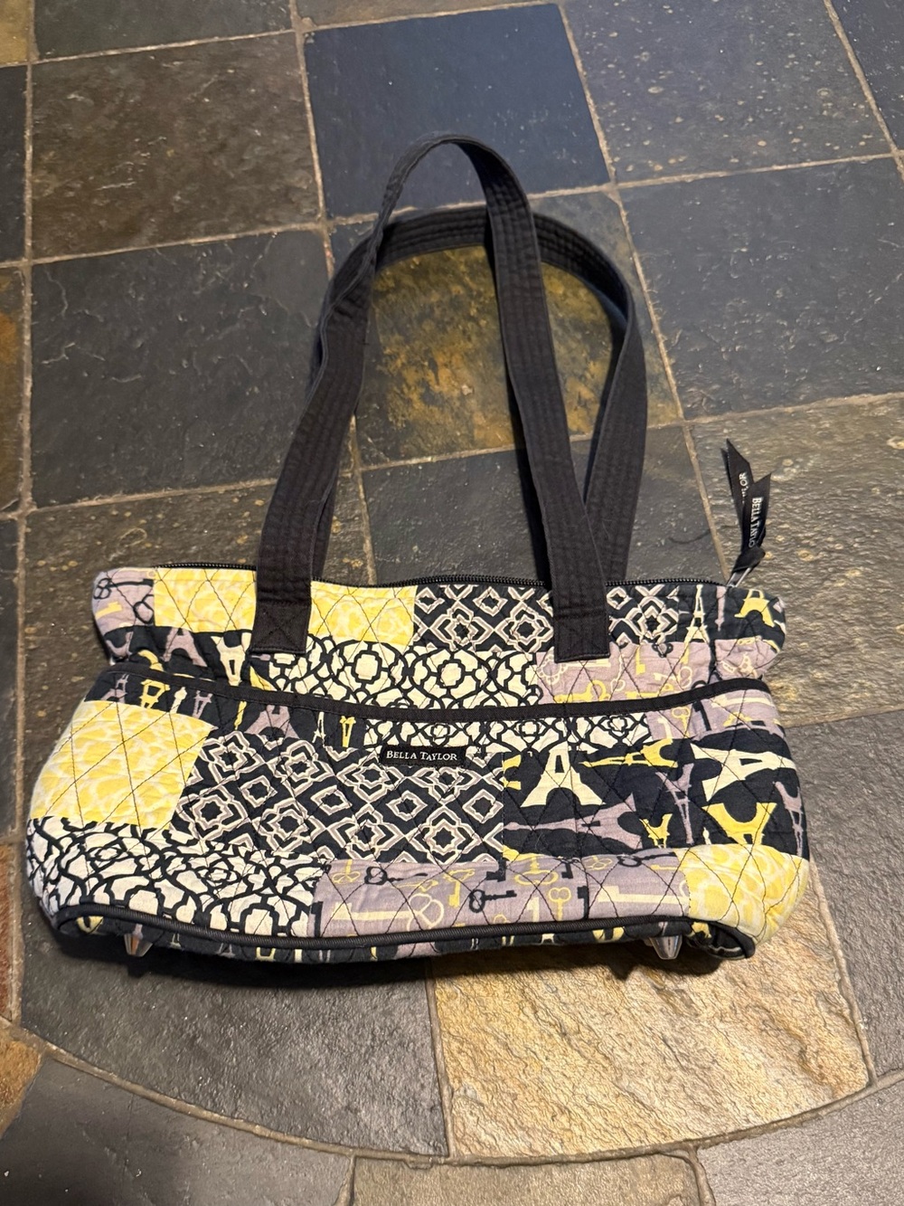 Bella Taylor Quilted Patchwork Tote in Yellow, Black & Cream